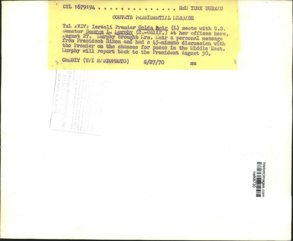 1970 Press Photo Golda Meir, George L. Murphy Shake Hands in Tel Aviv, Israel