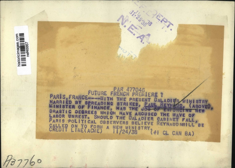 1938 Press Photo Paul Reynaud French Minister of Finance on Daladier Cabinet