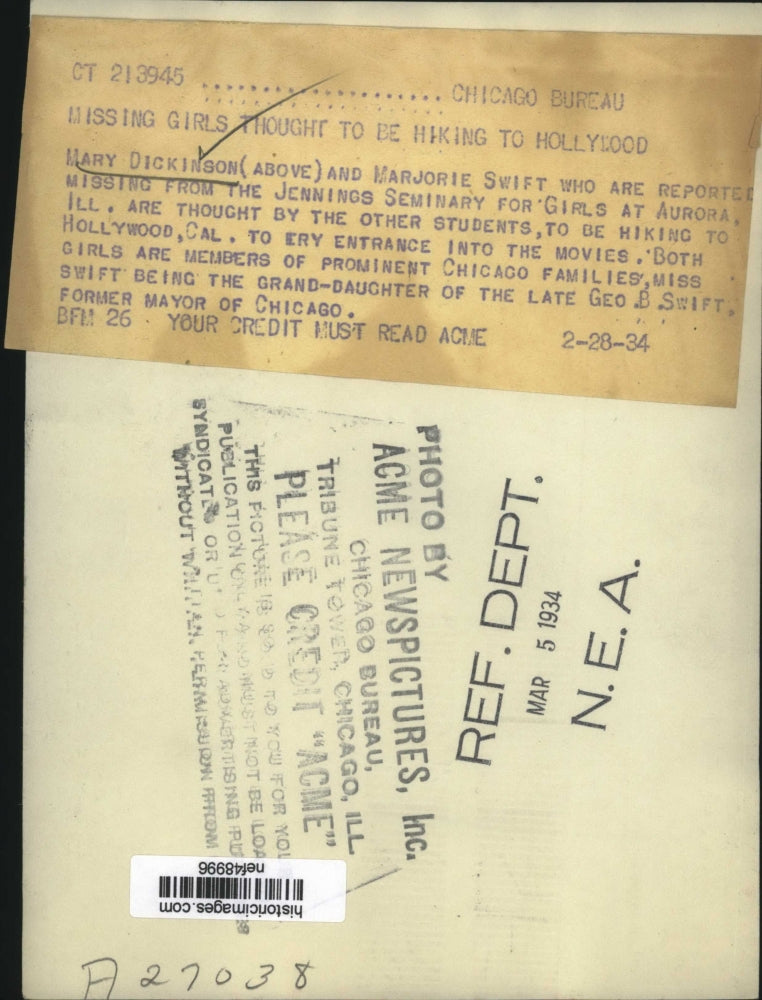 Load image into Gallery viewer, 1934 Press Photo Mary Dickinson &amp; Marjorie Swift Missing From Jennings Seminary
