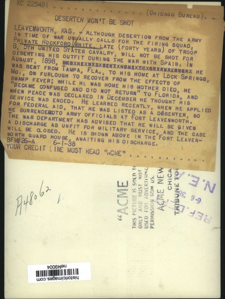 1938 Press Photo Pvt Rockford White Will Not Be Shot For Deserting His Outfit