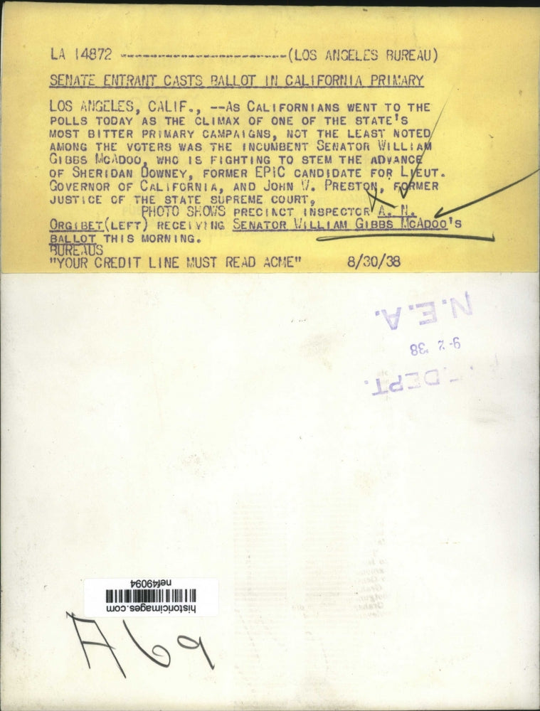1938 Press Photo William Gibbs McAdoo Voting in Los Angeles, Calliornia Primary