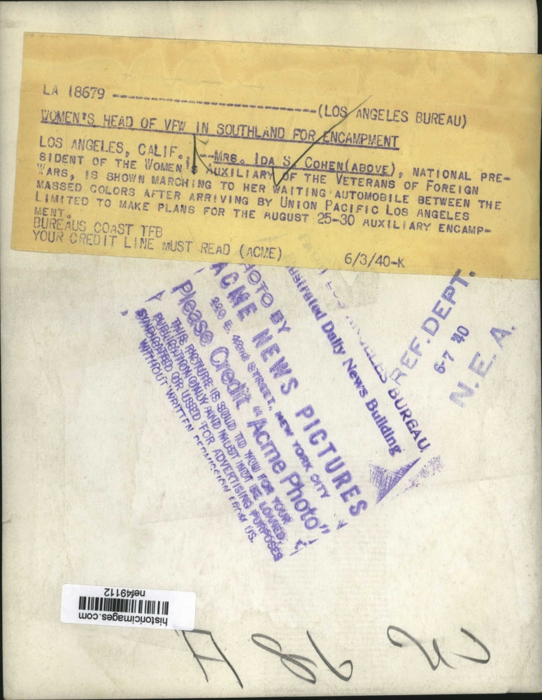 1940 Press Photo Ida S. Cohen of VFW Women's Auxiliary Arriving in Los Angeles