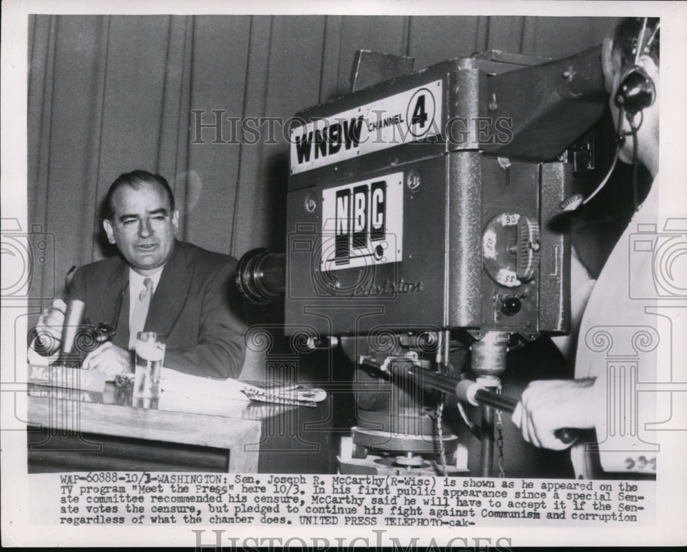 1954 Press Photo Sen McCarthy Shown Appearing On TV Program "Meet The Press"
