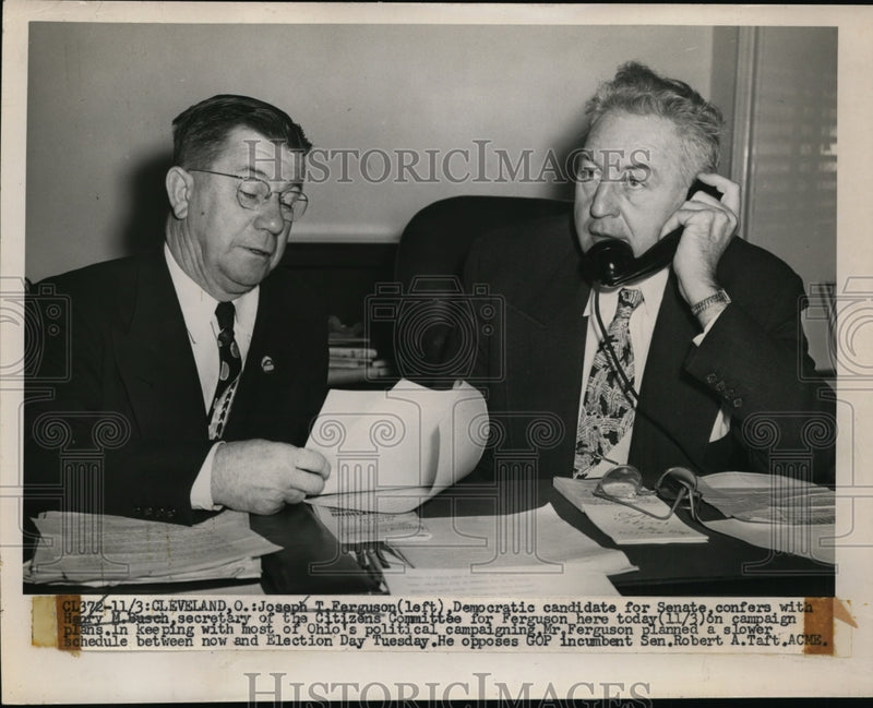 Load image into Gallery viewer, 1951 Press Photo Joseph Ferguson Confers with Henry M Busch on Campaign Plans
