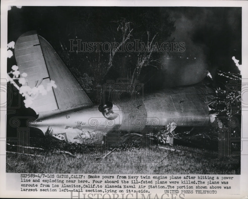 1952 Press Photo Navy Twin Engine Plane exploded after hitting a power Line