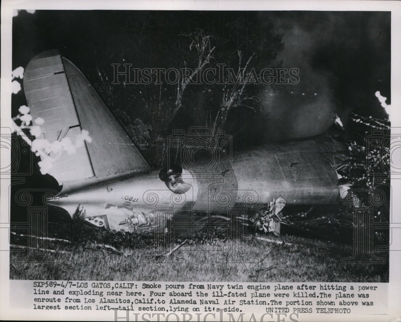 Load image into Gallery viewer, 1952 Press Photo Navy Twin Engine Plane exploded after hitting a power Line

