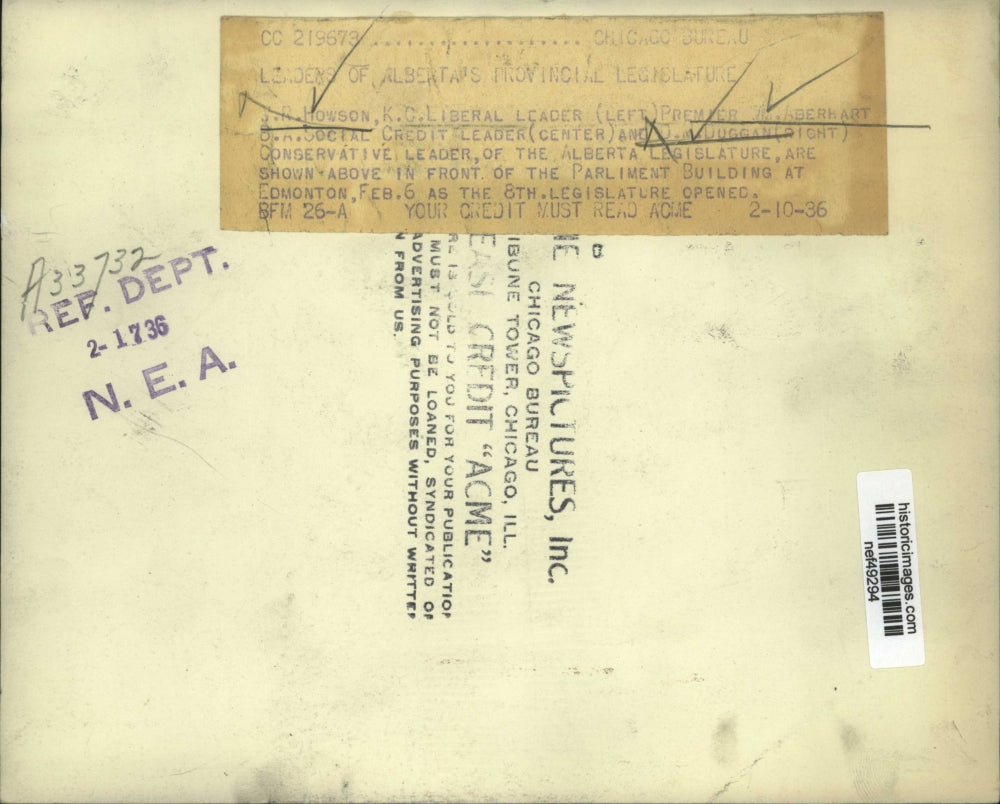 1936 Press Photo Leader of Alberta's Provincial Legislature in Parliament Bldg.