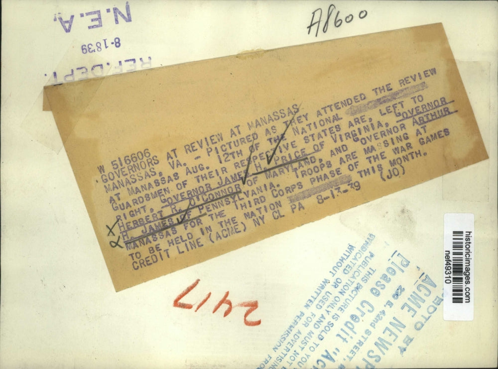 1939 Press Photo Gov.James H. Price, Gov.Herbert O'Connor and Gov.Arthur H.James