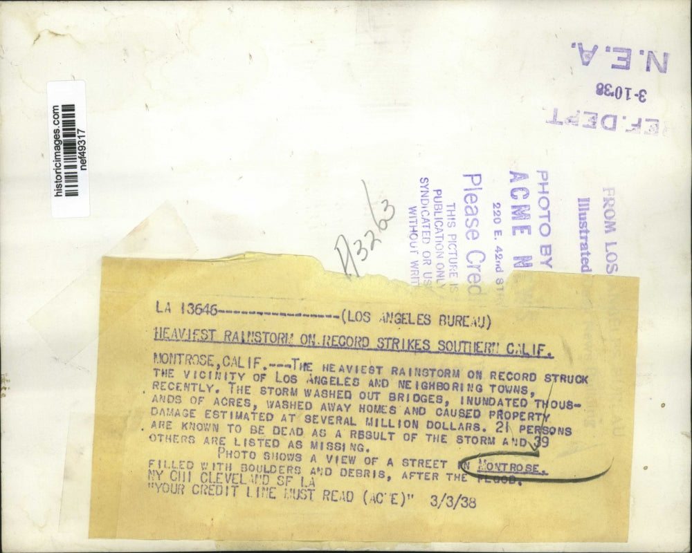 1938 Press Photo Street in Montrose Calif.filled with debris after the floods