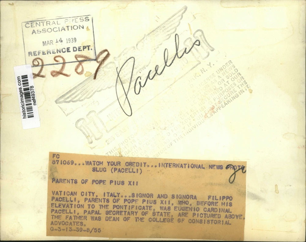 1939 Press Photo Filippo Pacelli & Wife, Parents of Pope Pius XII - nef49378