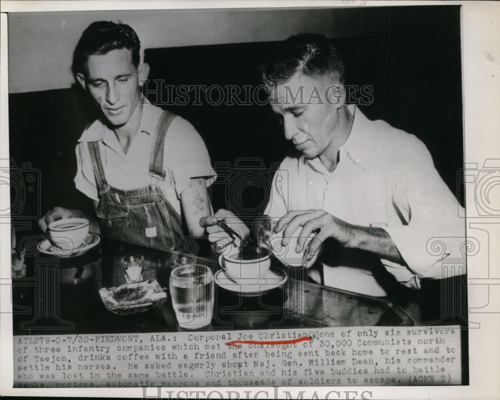 1950 Press Photo Joe Christian, Survivor of Battle at Taejaon w Friend, Alabama