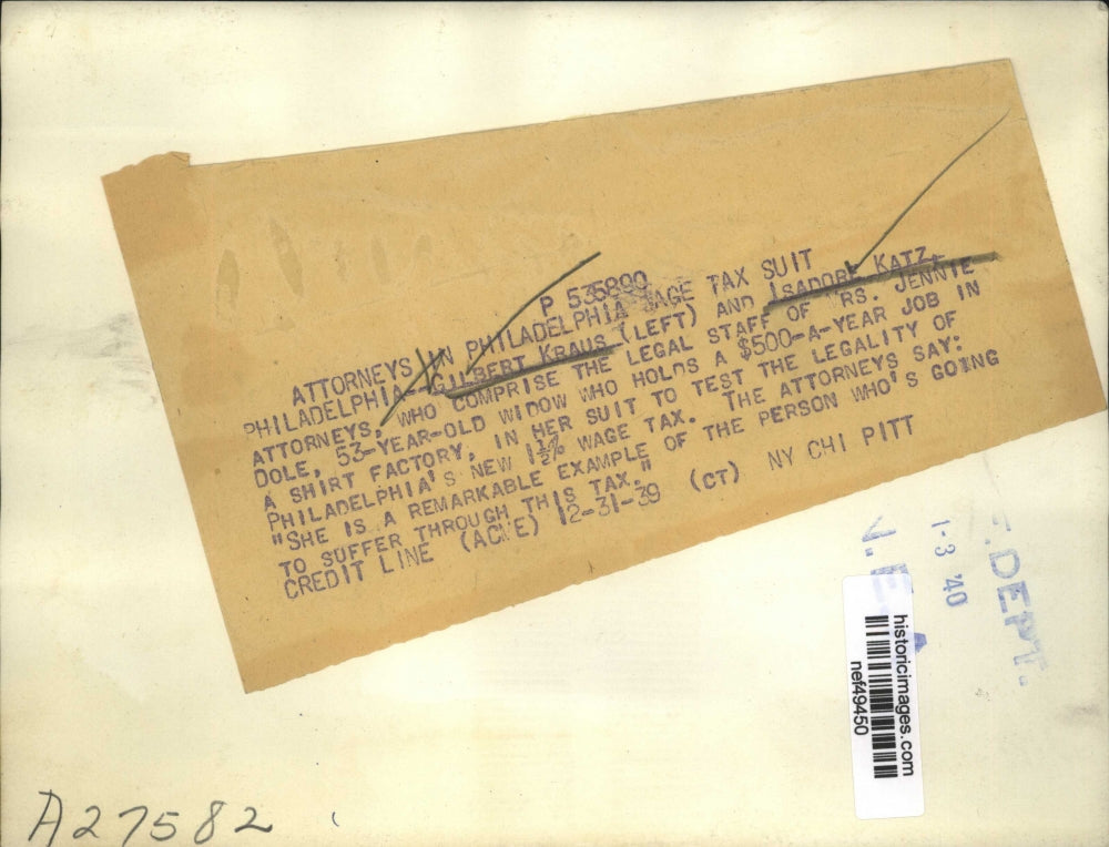 1939 Press Photo Attorneys in Philadelphia Wage Tax Suit Against Employee