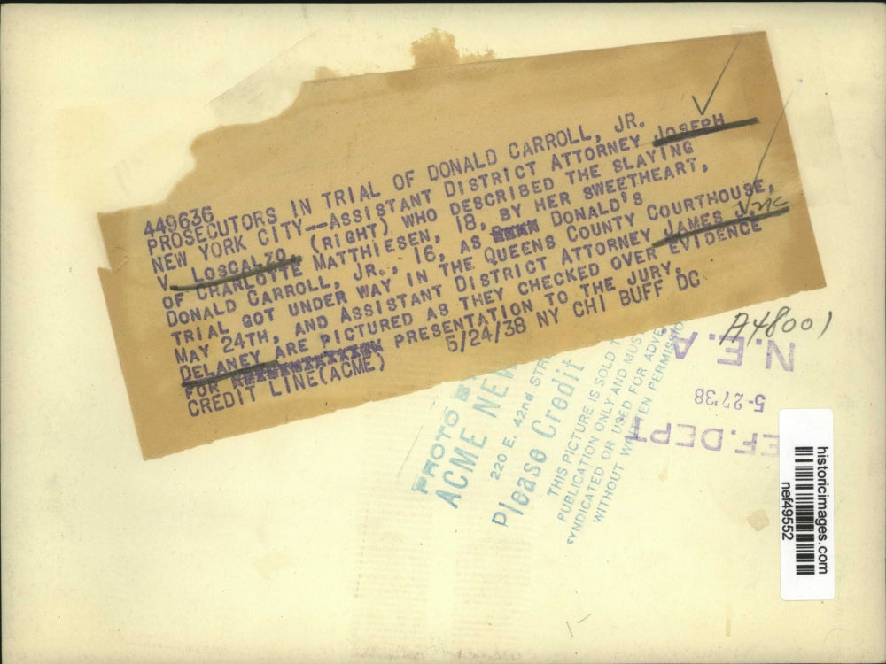 1938 Press Photo Joseph V. Loscalzo, James J. Delaney of Donald Carroll Jr Trial