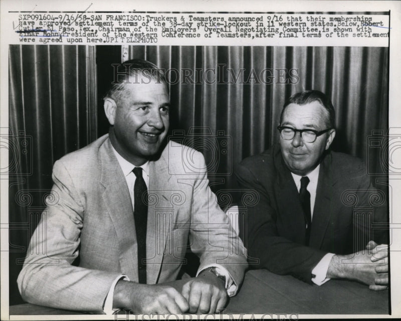 Load image into Gallery viewer, 1958 Press Photo Robert Cutler, Einar Mohn of Truckers &amp; Teamsters after Meeting
