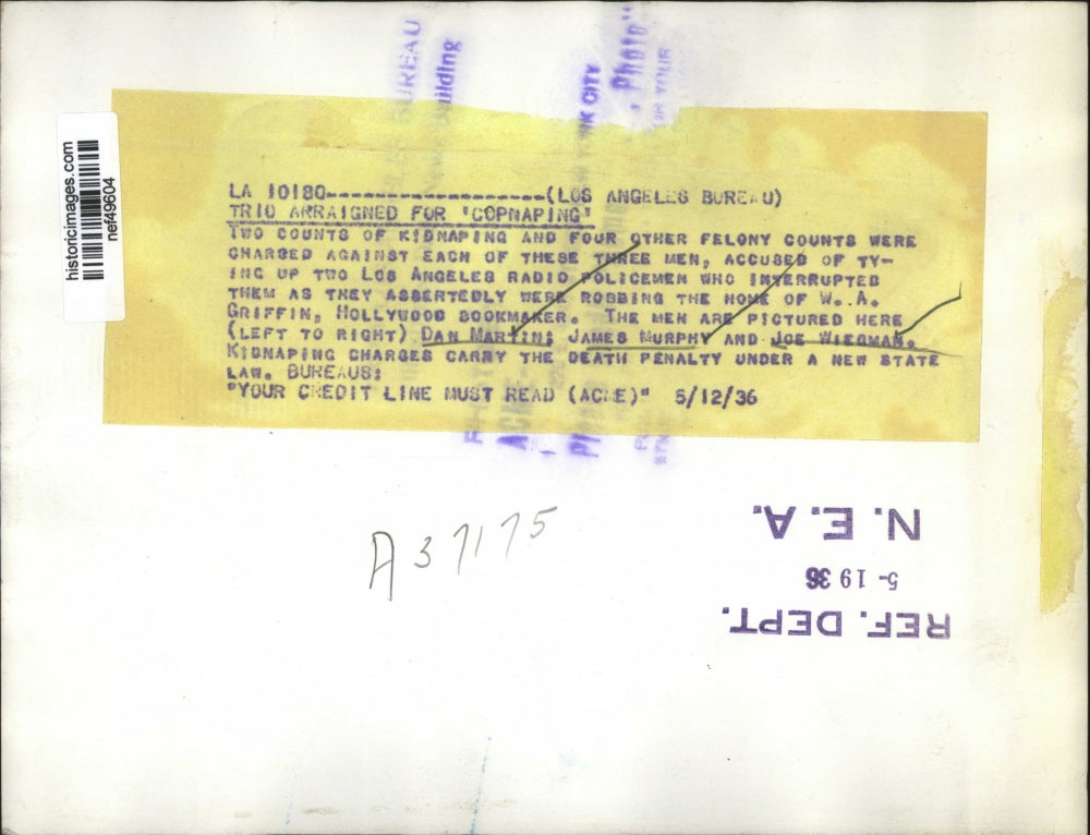 1936 Press Photo Dan Martin, James Murphy, Joe Wiegman, Kidnapping Suspects