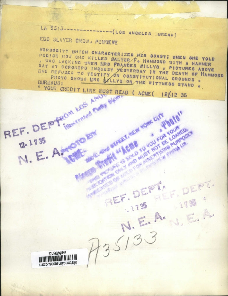 1935 Press Photo Frances Willis at Coroners Inquest of Walter F. Hammond, L.A.