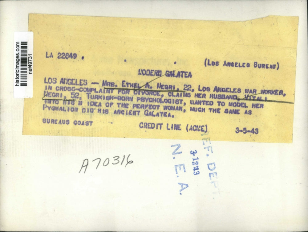 1943 Press Photo Mrs.Ethel A. Negri of Los Angeles in cross complain for Divorce
