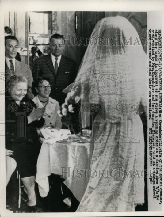 1960 Press Photo Nina Khrushchev Approves of Wedding Dress at Fashion Show