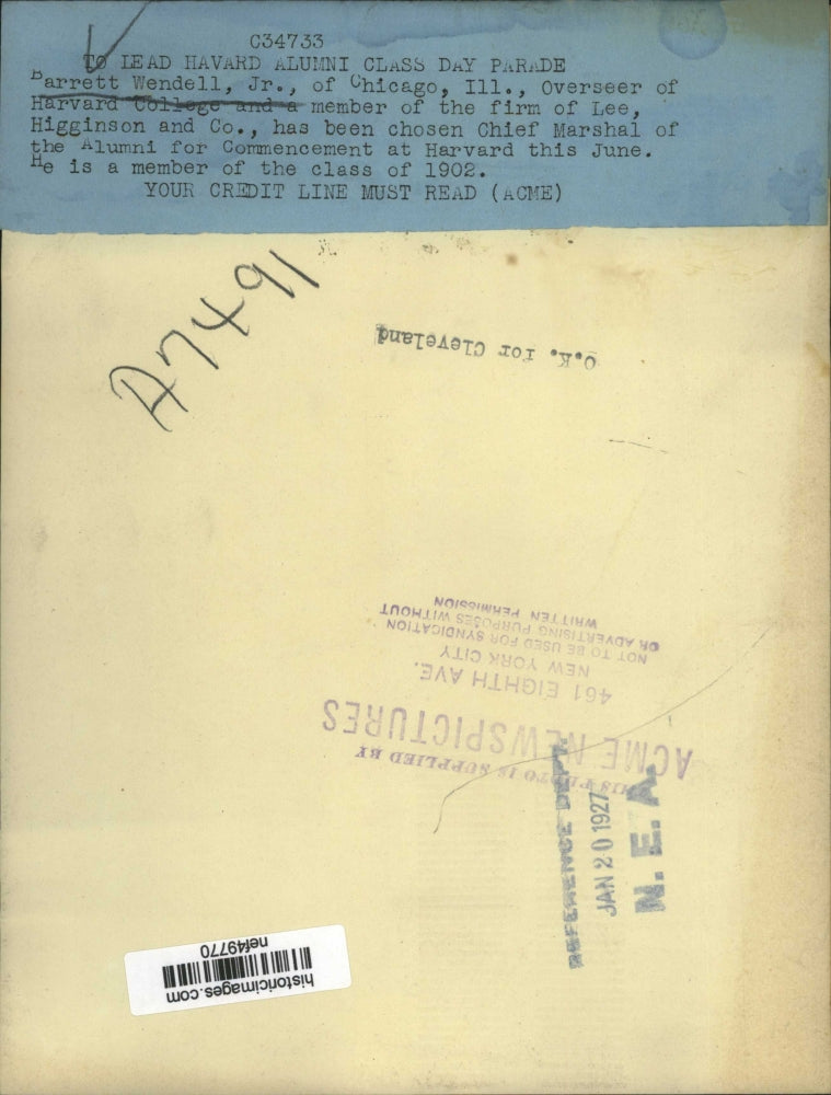 1927 Press Photo Barrett Wendell Jr. Chief Marshall of the Harvard Alumni