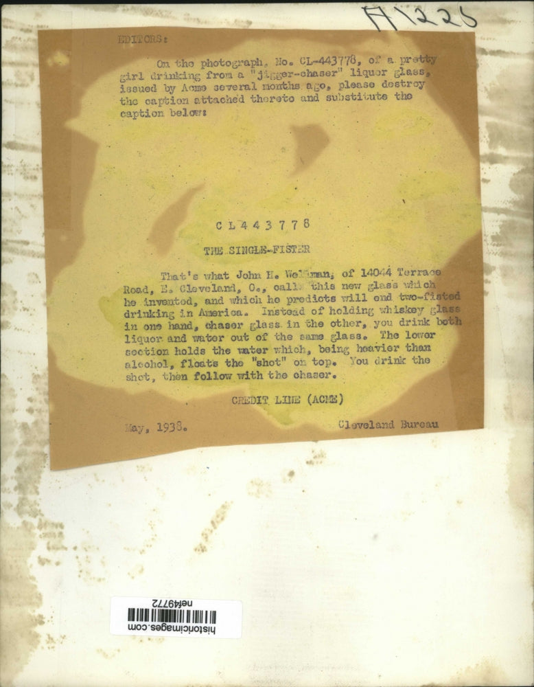 1938 Press Photo Jiger-Chaser liquor glass invented by John H. Wellman