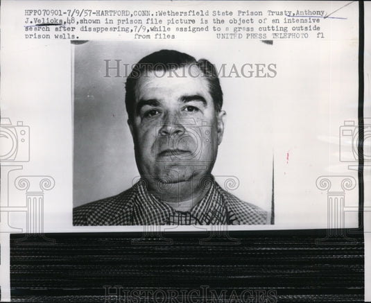 1957 Press Photo Anthony J. Velioks, Wethersfield State Prison Escaped Convict