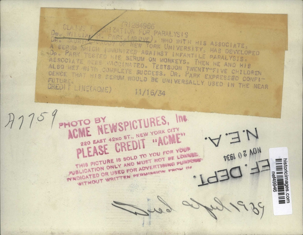 1934 Press Photo Dr. William H. Park, Development Infantile Paralysis Serum