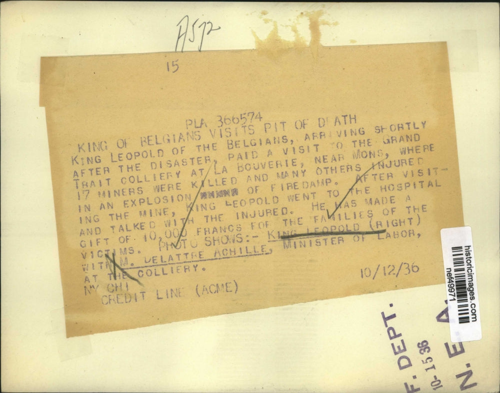 1936 Press Photo King Leopold III, M. Delattre Achille at Mine Explosion Scene