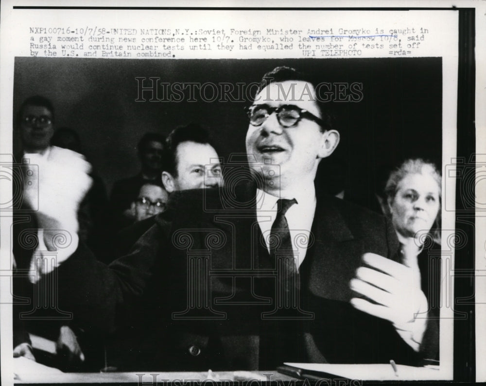 1958 Press Photo Soviet Foreign Minister Andrei Gromyko during News conference- Historic Images