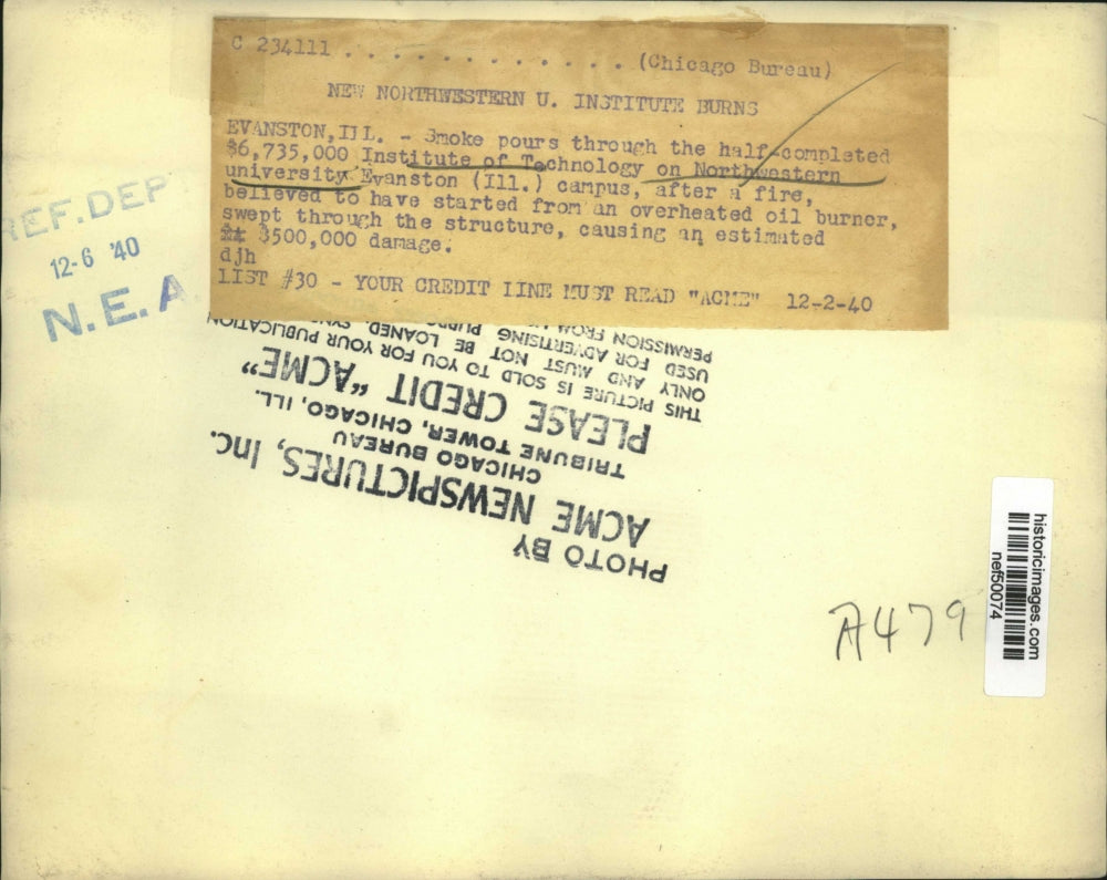 1940 Press Photo Fire destroyed Institute of Technology on Northwestern Univ.