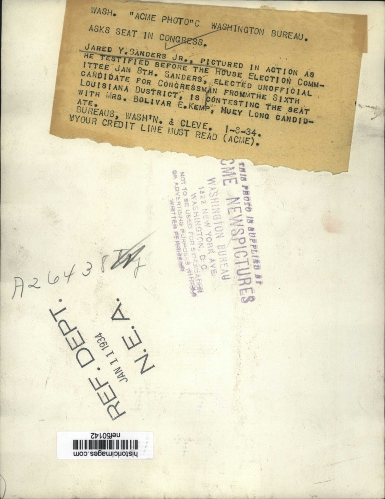 1934 Press Photo Jared Y. Sanders Jr. at House Election Committee Hearing