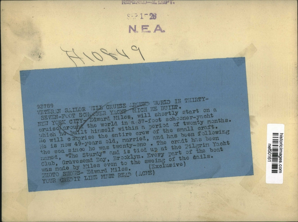 1928 Press Photo Edward Miles, to Cross Pacific Ocean in Homemade Boat