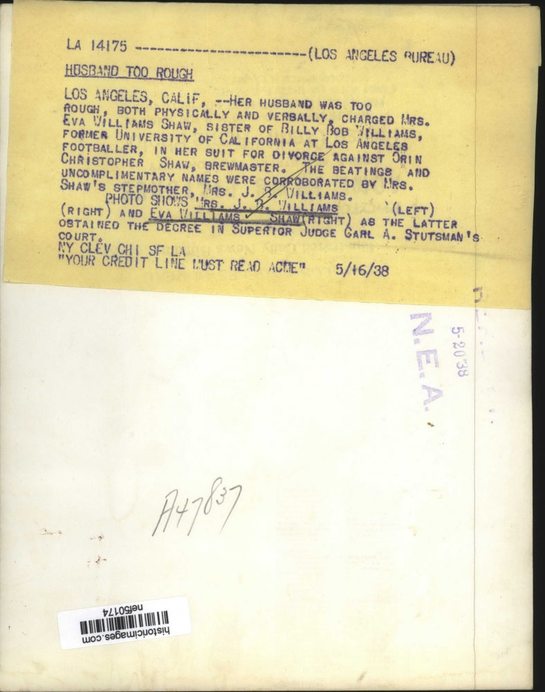 1938 Press Photo Mrs. J.B. Williams, Eva Williams Shaw in Court, Los Angeles