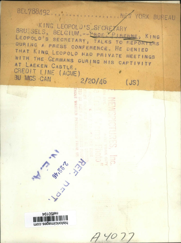 1946 Press Photo King Leopold's Secretary Professor Pirenne at Press Conference