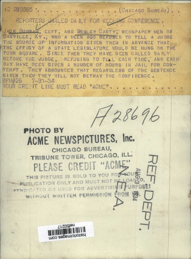 1934 Press Photo Jack Durban, Wesley Carty, Reporters Jailed Daily in Kentucky