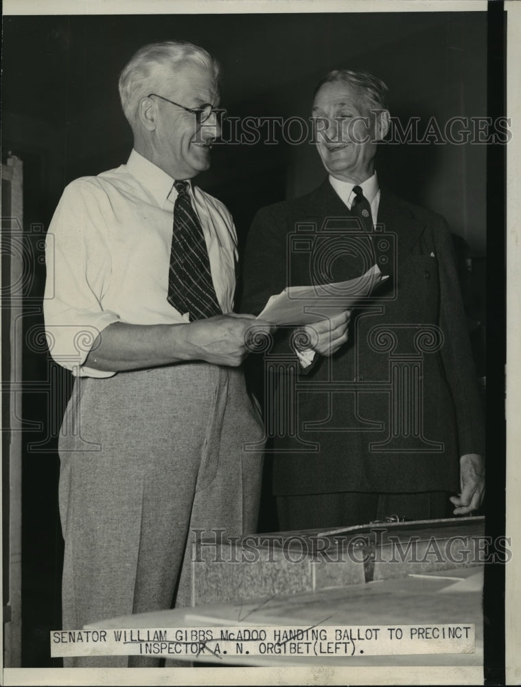 Load image into Gallery viewer, 1938 Press Photo William Gibbs McAdoo, Election Inspector A.N. Orgibet
