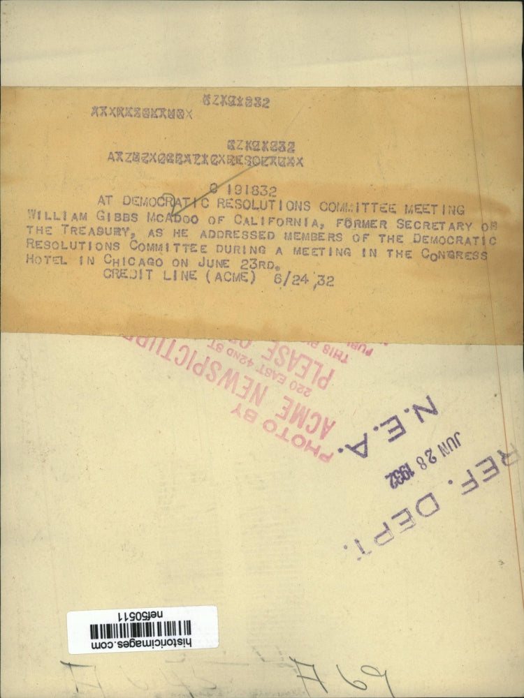 1932 Press Photo William Gibbs McAdoo at Democratic Resolutions Meeting, Chicago