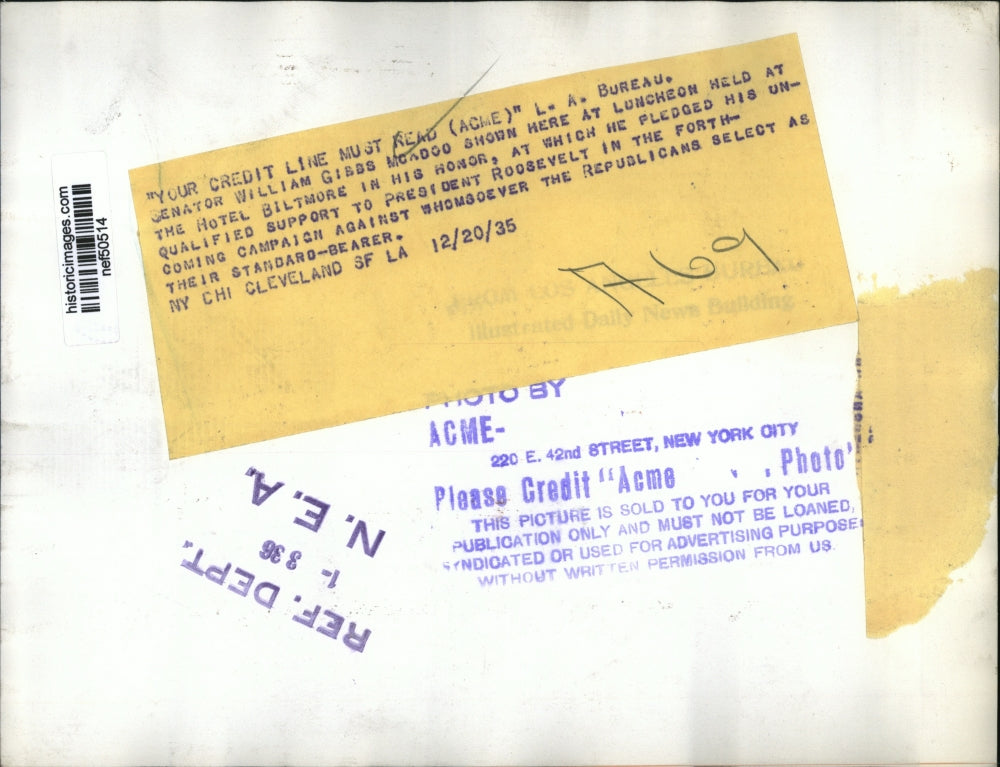 1935 Press Photo William Gibbs McAdoo at Hotel Biltmore Luncheon, Los Angeles