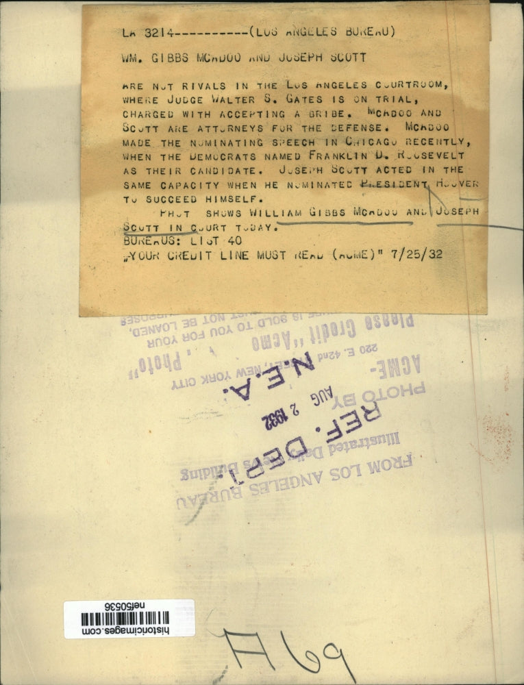 1932 Press Photo William Gibbs McAdoo and Joseph Scott in Court Today