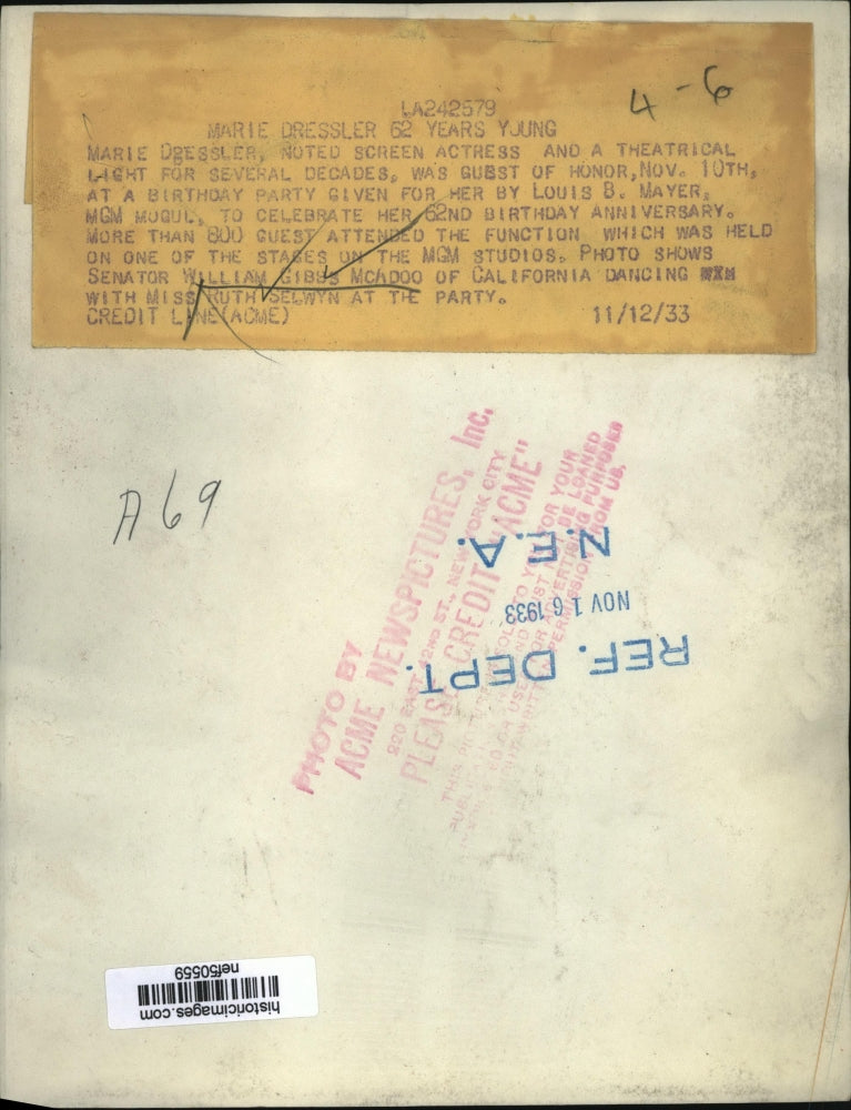 1933 Press Photo William Gibbs McAdoo, Ruth Selwyn Dancing at Birthday Party