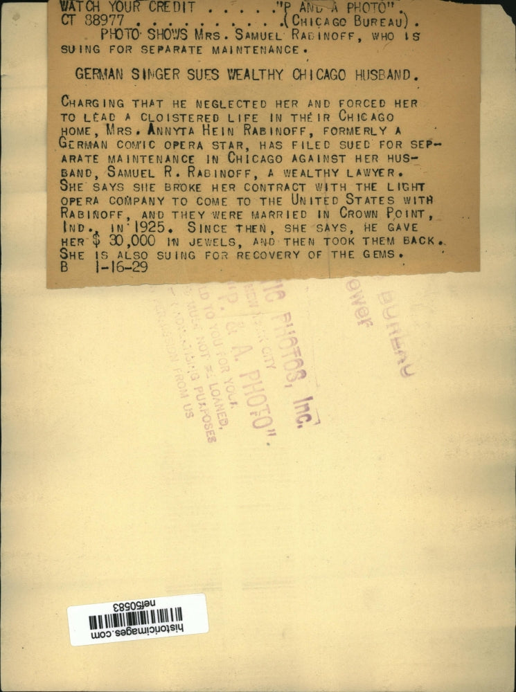 1929 Press Photo Mrs Annyta H Rabinoff Sues Husband Samuel R Rabinoff