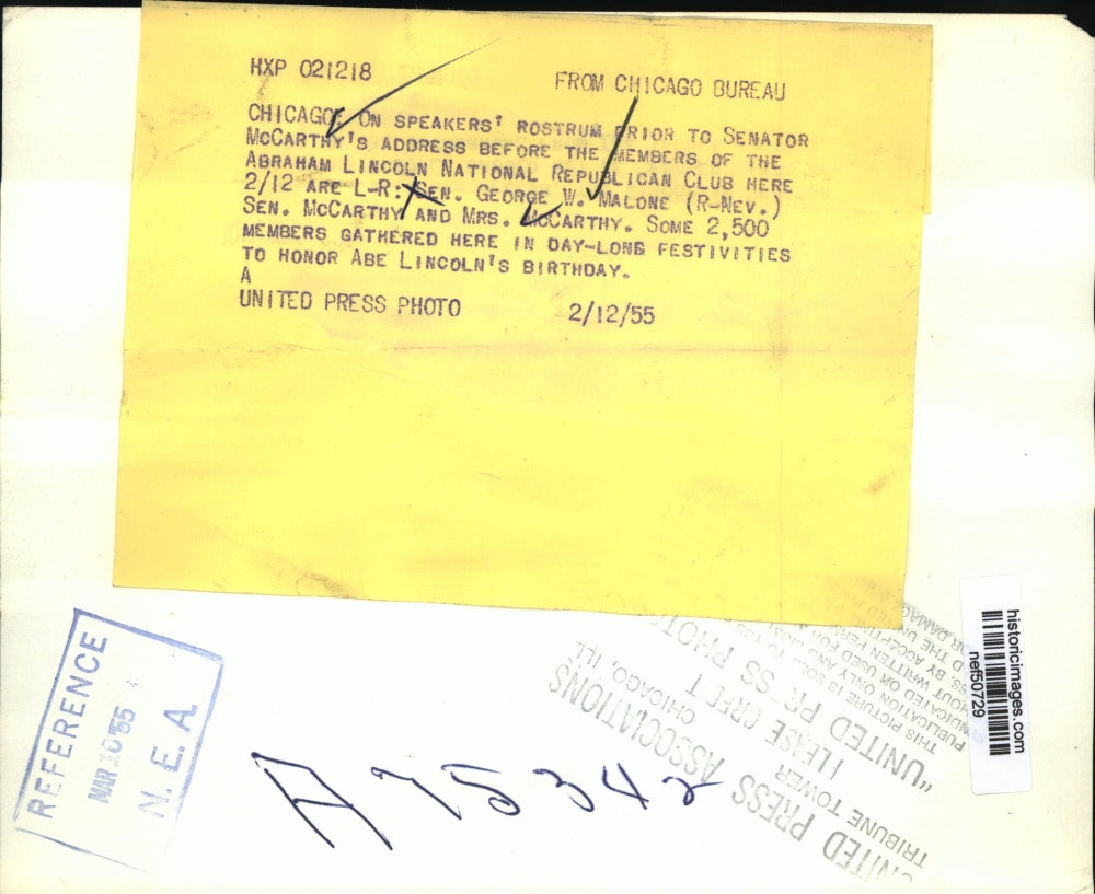 1955 Press Photo Malone, Senator and Mrs. McCarthy on speakers' rostrum