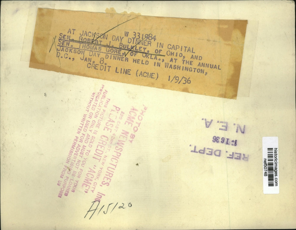 1936 Press Photo Robert Bulkley & Thomas Gore at Annual Jackson Day Dinner