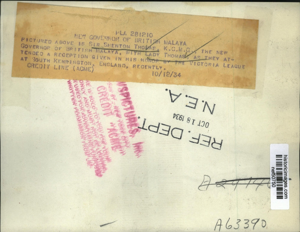 1934 Press Photo Sir Shenton Thomas & Lady Thomas as They Attend Reception