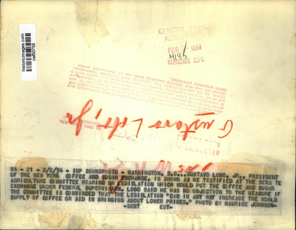 1954 Press Photo Gustavo Lobo Shown as He Testified at the Senate Ag Committee