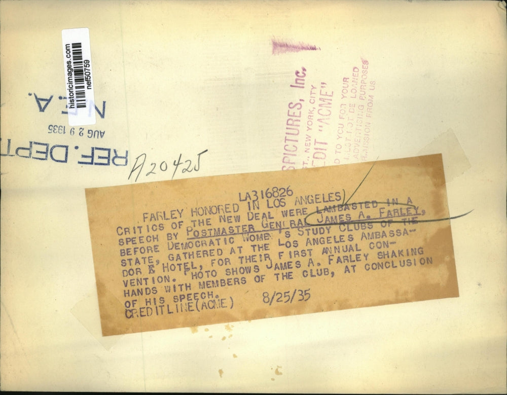 1935 Press Photo Gen James A Farley Spoke Before Democratic Women's Study Club