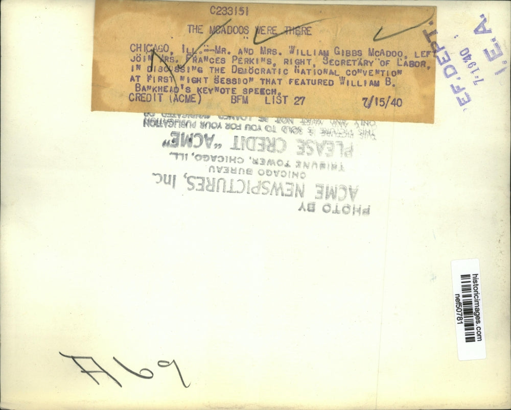 1940 Press Photo Mr.and Mrs.William Gibbs McAdoo with Mrs. Frances Perkins