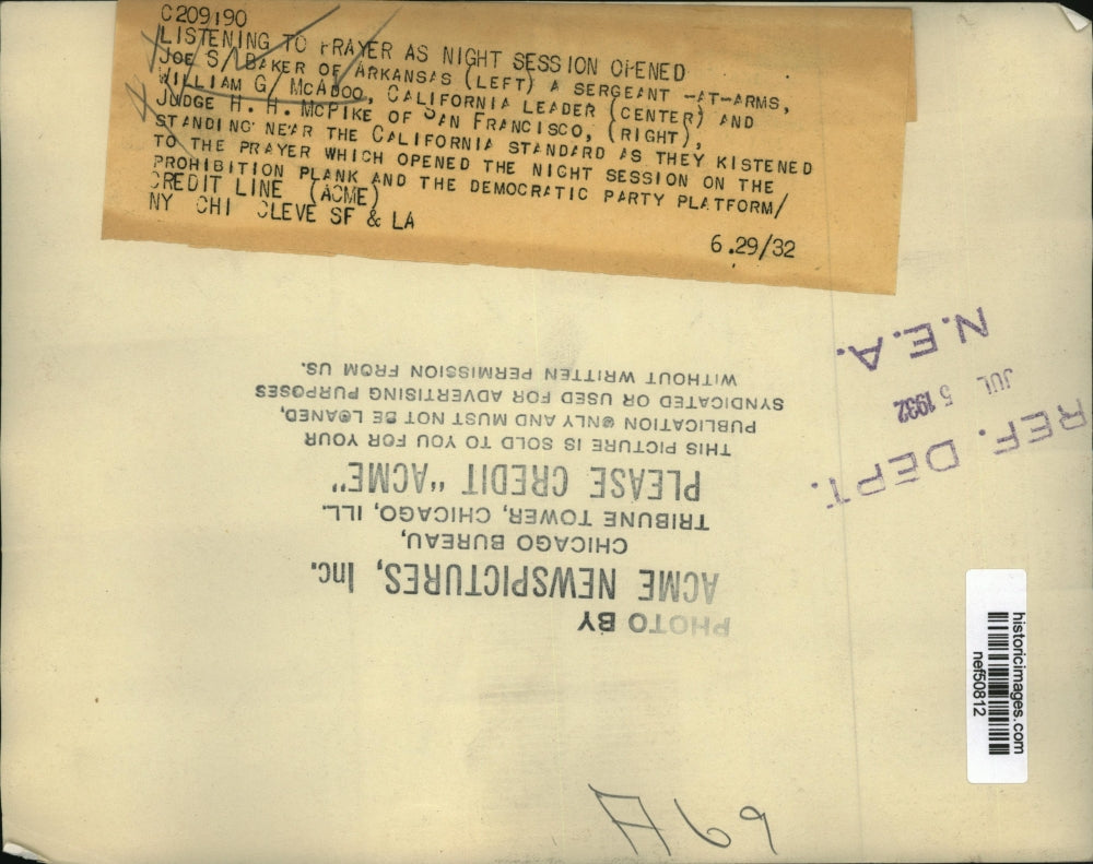 1932 Press Photo Sen.William McAdoo listened to prayer of Night Session opened