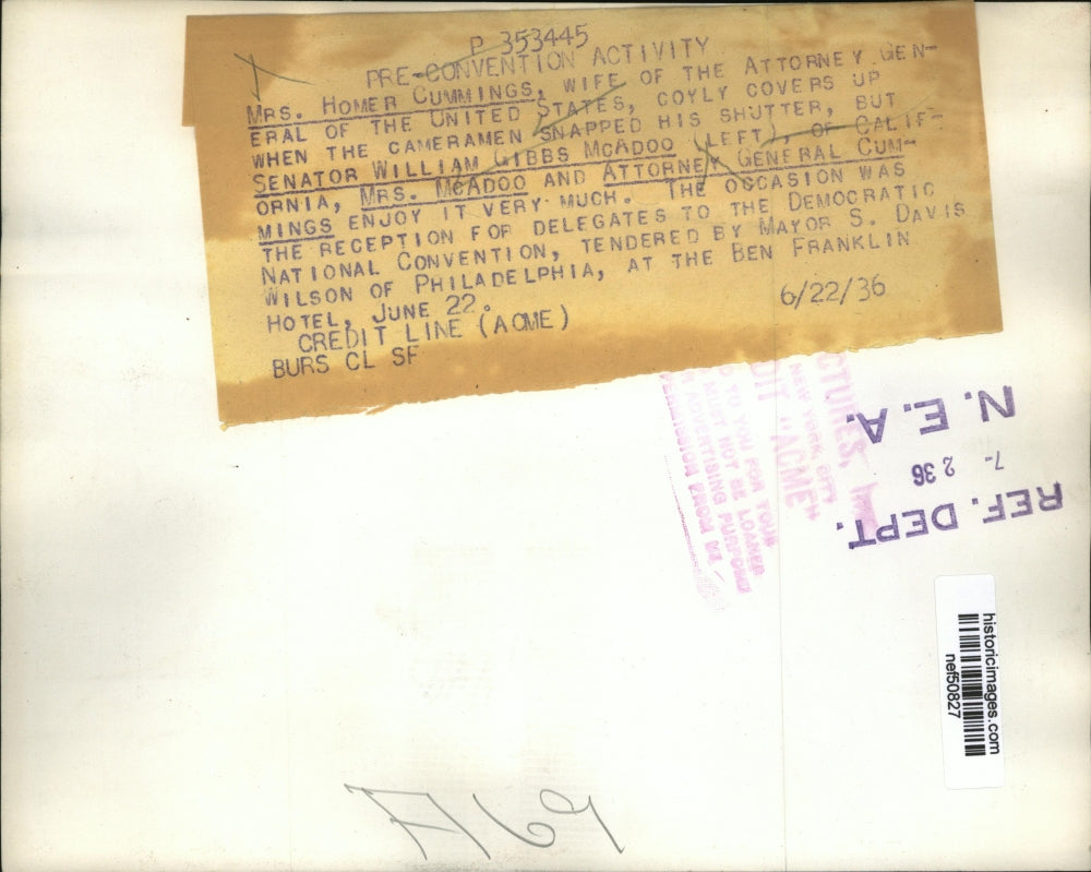 1936 Press Photo Reception for Delegates to Democratic National Convention