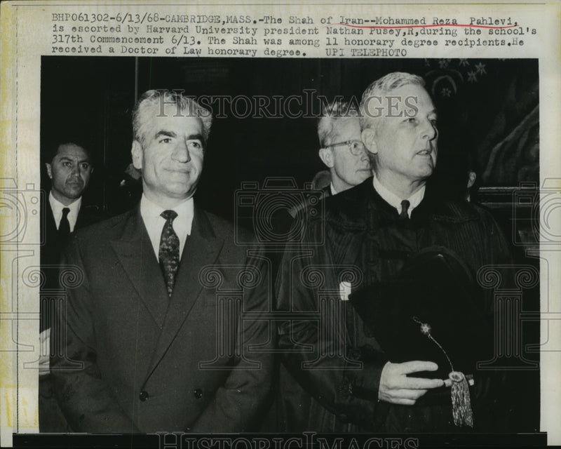 Load image into Gallery viewer, 1968 Press Photo Shah of Iran Escorted by Harvard University Pres Nathan Pusey
