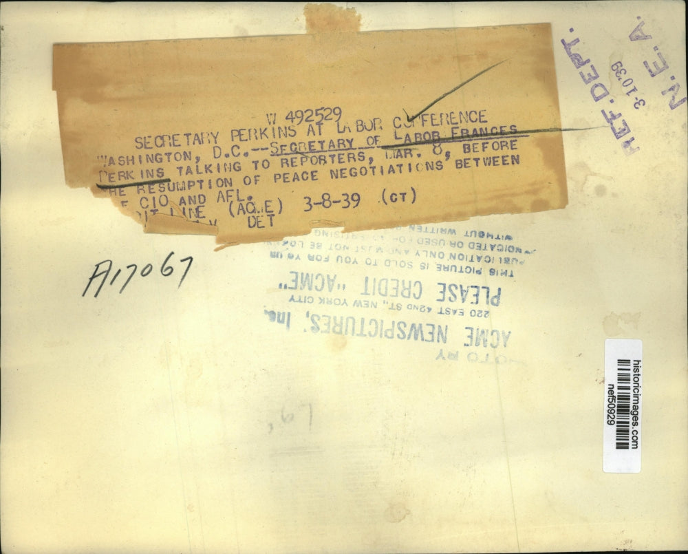 1939 Press Photo Frances Perkins Interviewed at CIO AFL Labor Conference